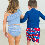 Girls Blue Seersucker One Shoulder Ruffle Tankini 2-Piece Swimsuit with Signature Rear Ruffles