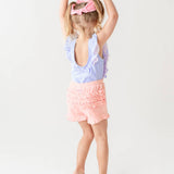 Girls Periwinkle Blue Seersucker Waterfall One Piece Swimsuit