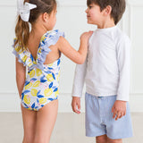 Boys Periwinkle Blue Seersucker Swim Trunks