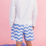 Boys Periwinkle Blue Wavy Stripe Performance Hybrid Swim Trunks
