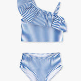 Girls Blue Seersucker One Shoulder Ruffle Tankini 2-Piece Swimsuit with Signature Rear Ruffles