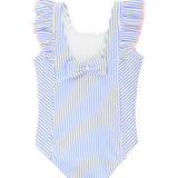 Girls Periwinkle Blue Seersucker Waterfall One Piece Swimsuit