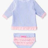 Girls Periwinkle Blue Seersucker Short Sleeve Ruffle Rash Guard 2-Piece Swimsuit with Signature Rear Ruffles