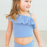 Girls Blue Seersucker One Shoulder Ruffle Tankini 2-Piece Swimsuit with Signature Rear Ruffles