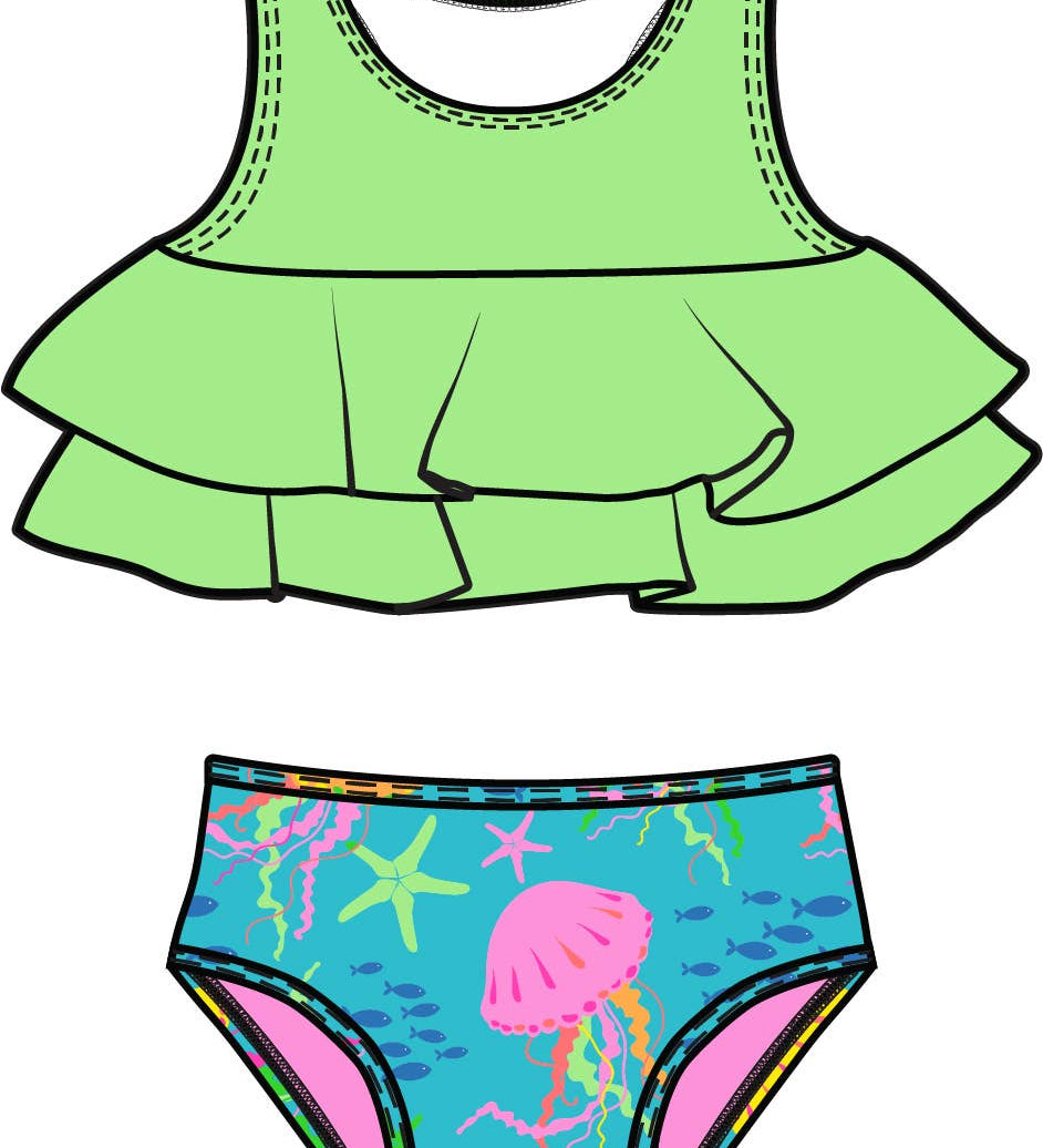 Girls Neon Jelly Time Flounce Bikini 2-Piece Swimsuit with Signature Rear Ruffles