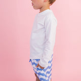 Boys Periwinkle Blue Wavy Stripe Performance Hybrid Swim Trunks