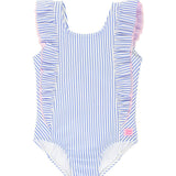 Girls Periwinkle Blue Seersucker Waterfall One Piece Swimsuit