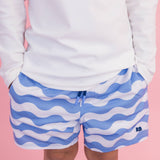 Boys Periwinkle Blue Wavy Stripe Performance Hybrid Swim Trunks