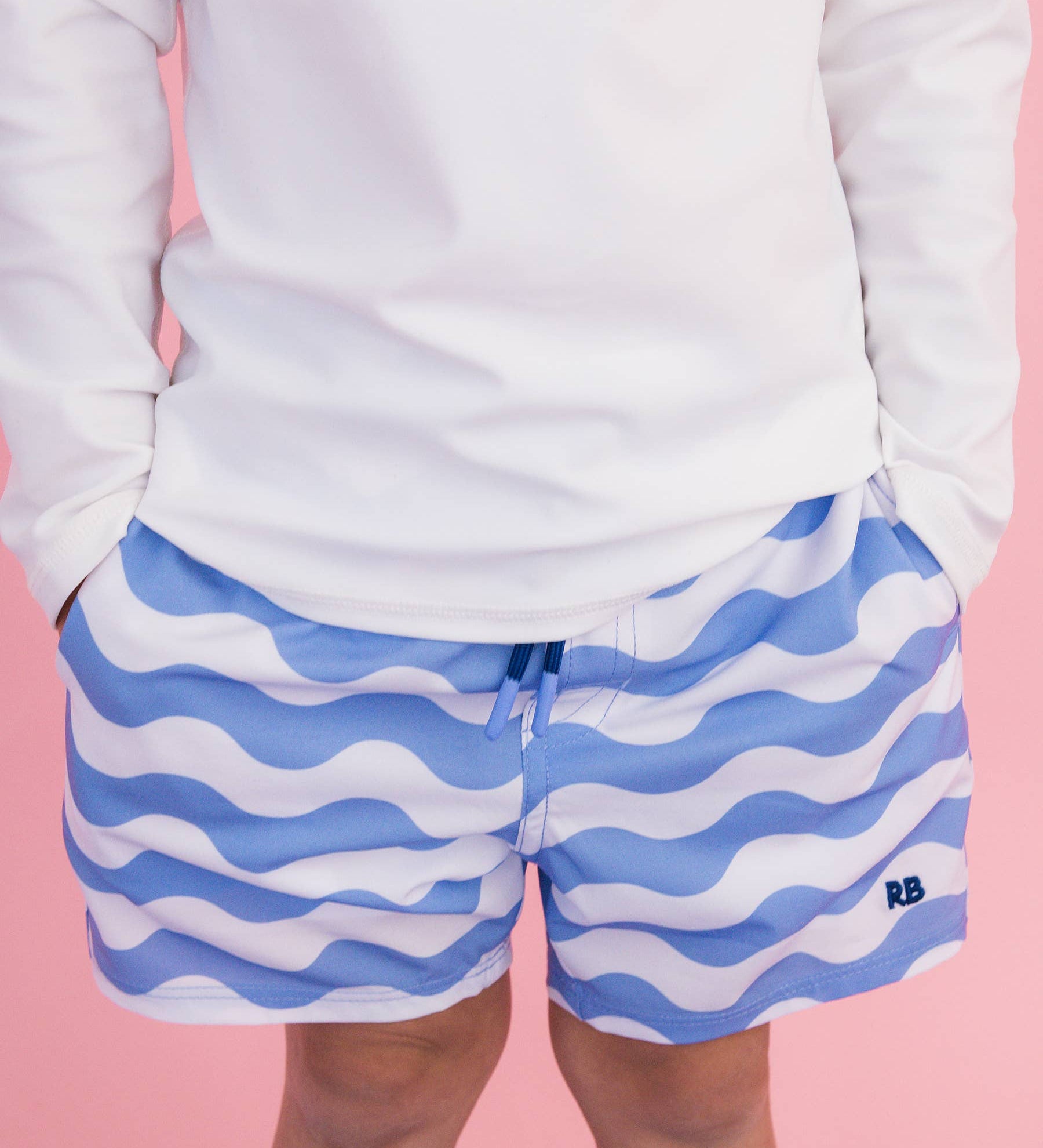 Boys Periwinkle Blue Wavy Stripe Performance Hybrid Swim Trunks