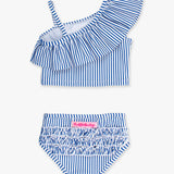 Girls Blue Seersucker One Shoulder Ruffle Tankini 2-Piece Swimsuit with Signature Rear Ruffles
