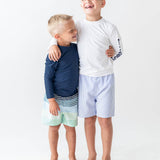 Boys Periwinkle Blue Seersucker Swim Trunks