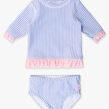 Girls Periwinkle Blue Seersucker Short Sleeve Ruffle Rash Guard 2-Piece Swimsuit with Signature Rear Ruffles