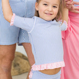 Girls Periwinkle Blue Seersucker Short Sleeve Ruffle Rash Guard 2-Piece Swimsuit with Signature Rear Ruffles