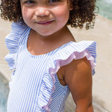 Girls Periwinkle Blue Seersucker Waterfall One Piece Swimsuit