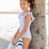 Girls Periwinkle Blue Seersucker Waterfall One Piece Swimsuit