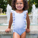 Girls Periwinkle Blue Seersucker Waterfall One Piece Swimsuit
